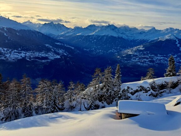 Paysage hivernal à Anzère en Valais avec montagnes enneigées et forêt alpine