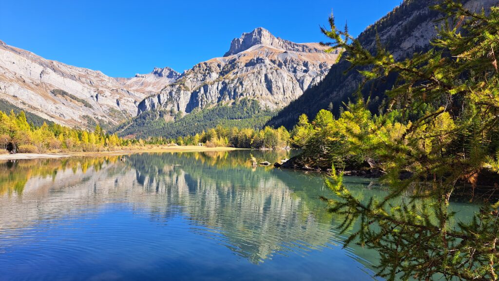 Lac de Derborence, réserve naturelle en Valais avec montagnes et forêt