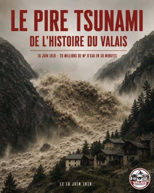 Le pire #tsunami de l'histoire du Valais.
Oui, un tsunami. En pleine montagne.

Le 16 juin 1818, le barrage de glace du Giétro cède brutalement.
En moins de 30 minutes, près de 20 millions de m³ d'eau dévalent le val de Bagnes à une vitesse folle.

La vague emporte tout sur son passage.

À Martigny, le bilan est terrible : 36 morts, des centaines de bâtiments détruits et des milliers de sinistrés.

Un épisode bien réel, aujourd'hui presque oublié, qui reste l'une des plus grandes catastrophes naturelles de l'histoire du #Valais.